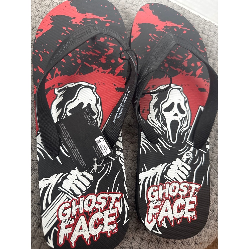 Bioworld Ghost Face Scream Horror Movie Flip Flops Mens Red Black Sandals NEW